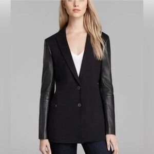 Theory Womens Lavey K Pryor Goat Leather Sleeve Blazer Jacket Solid Black Size 4